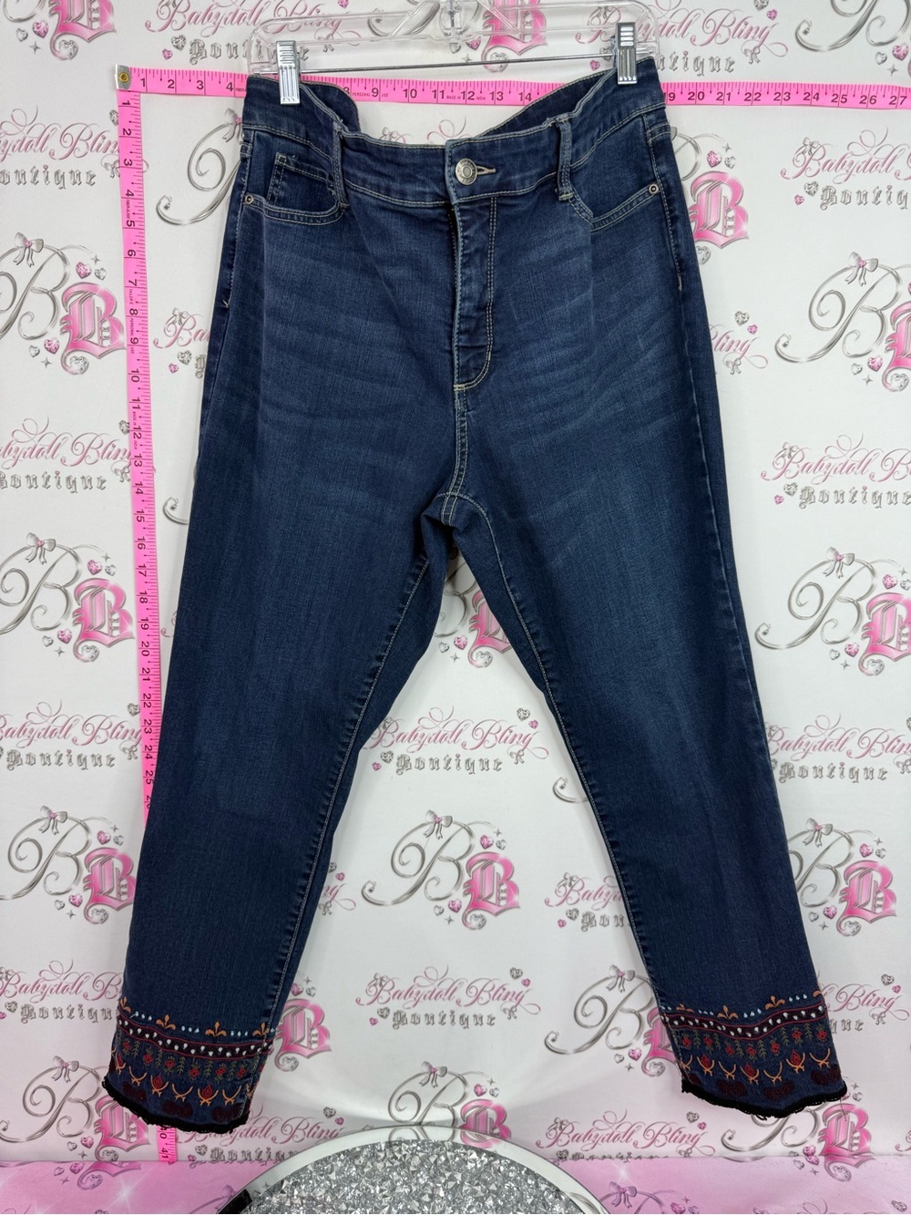 St. John's Bay skinny leg Dark Blue Embroidered Hem Jeans